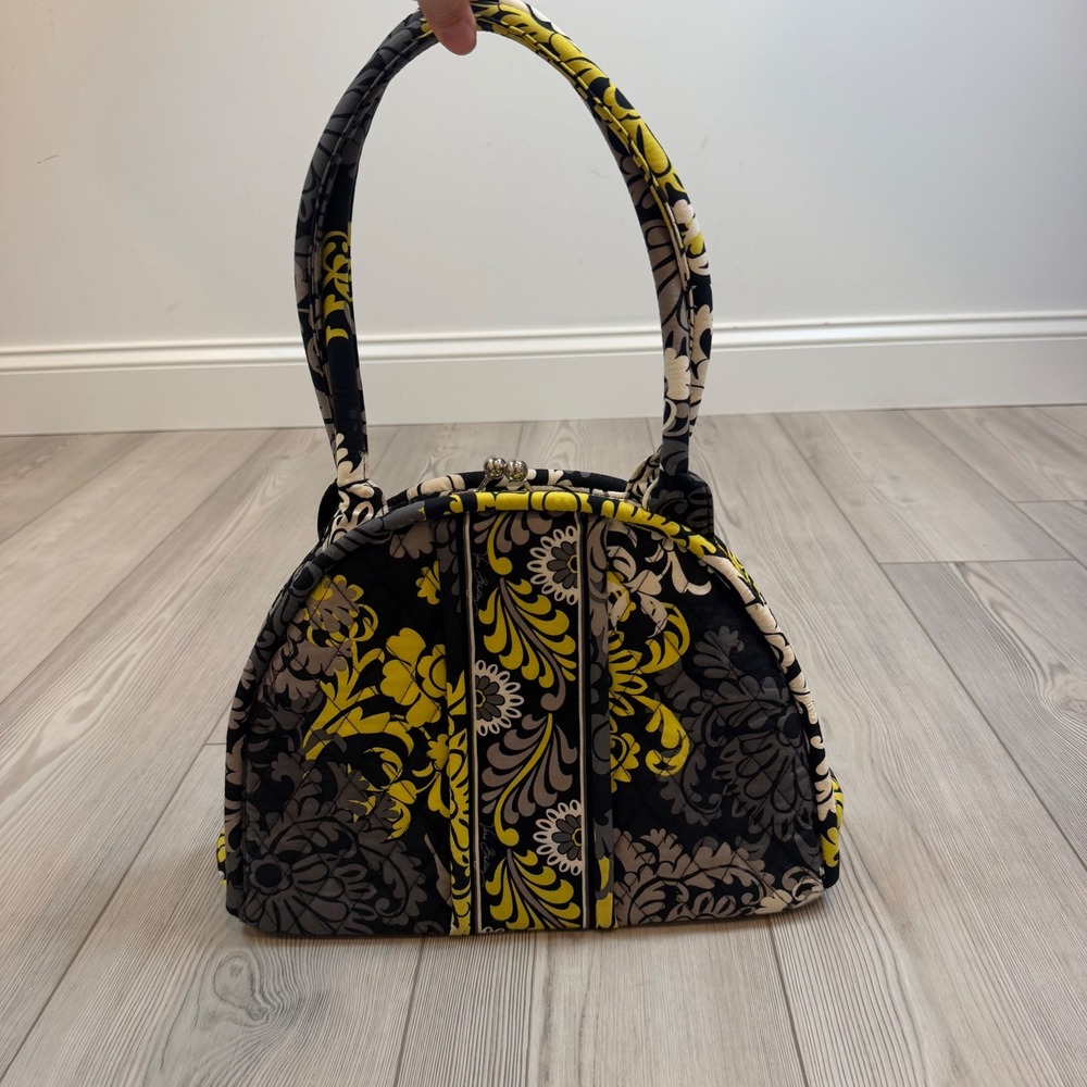 Vera Bradley Night and Day Quilted Kiss Lock Frame Handbag Black Yellow Floral